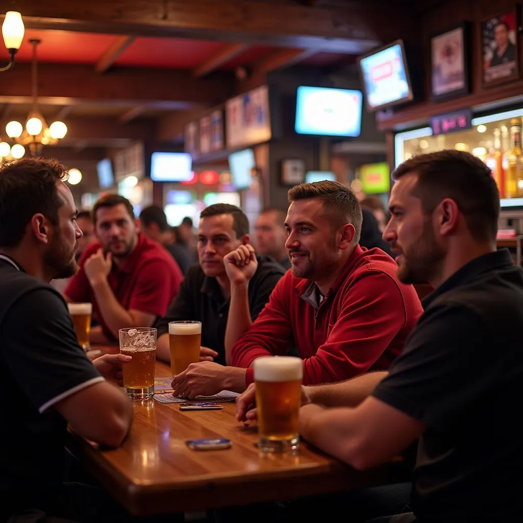 49ers fans engrossed in a discussion at a sports bar