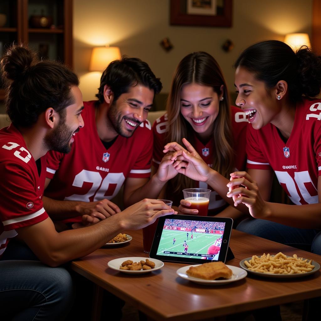 A group of friends enjoying 49ers game together on a tablet while having snacks and drinks.