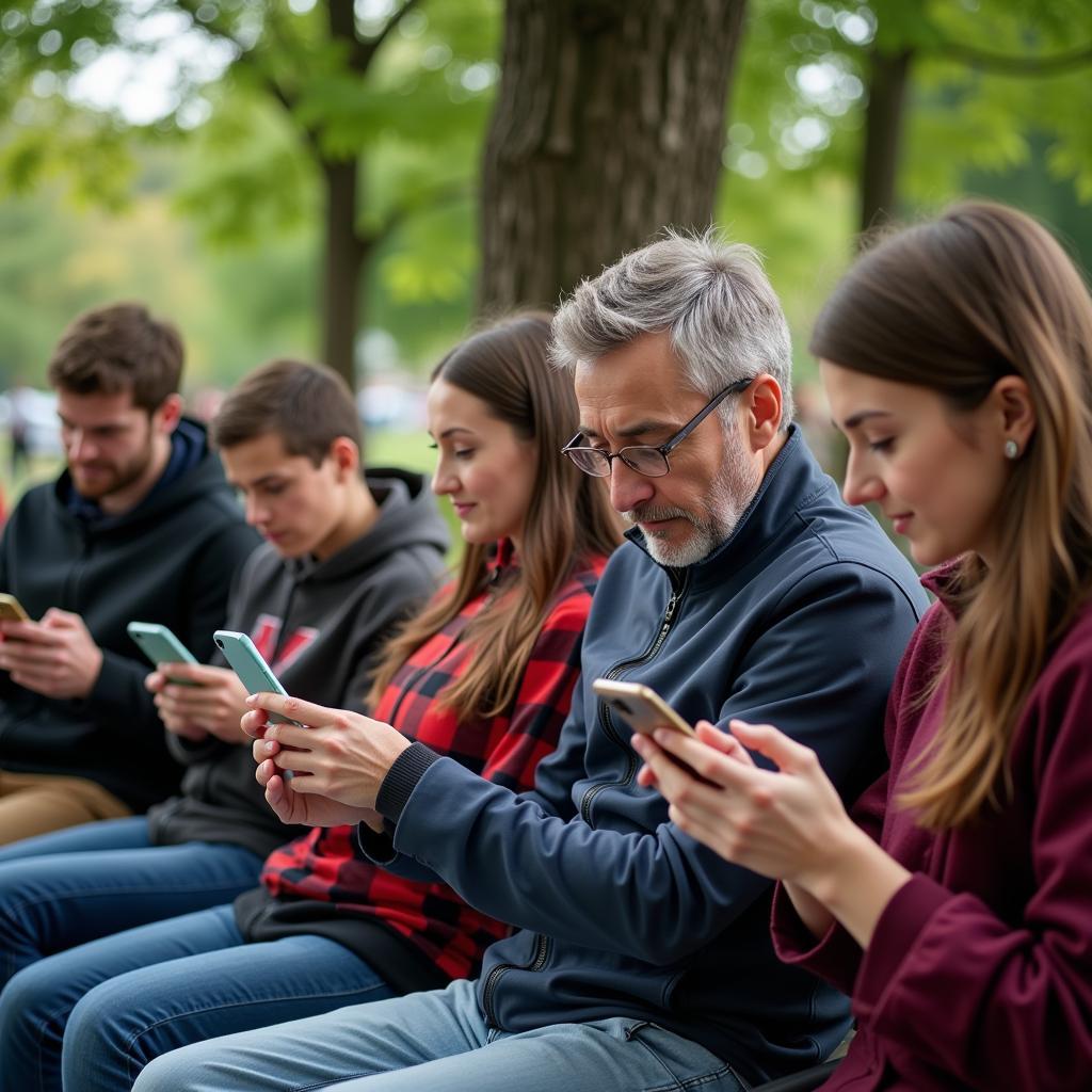 Fans watching live football on their mobile phones via streaming services.