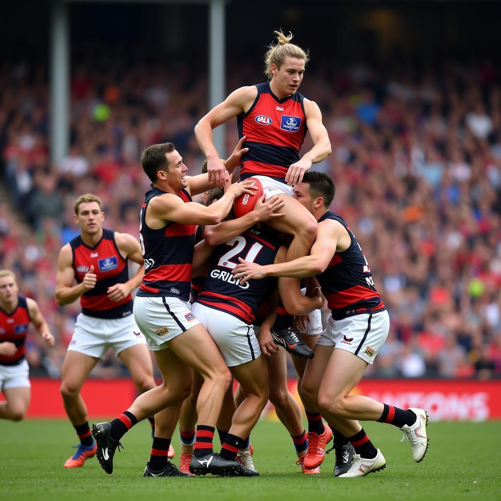 AFL players engaged in a fierce contest for the ball