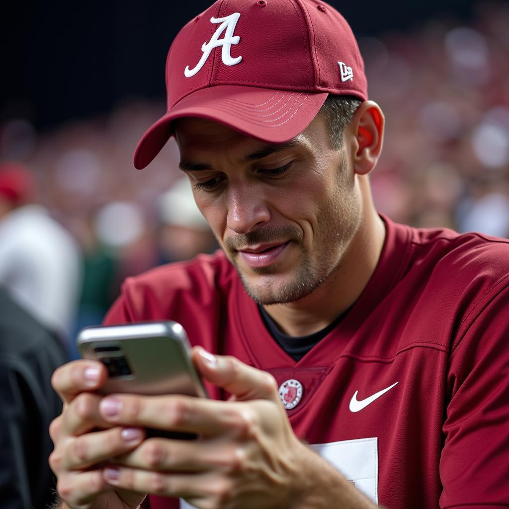 Alabama Football Fan Checking Live Score on Phone