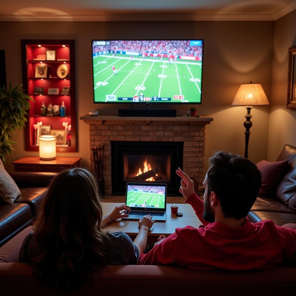 Allendale football fans watching a live stream of the game on their laptop at home