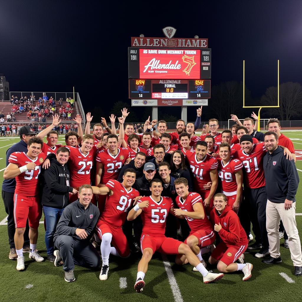 Allendale High School football team celebrating a victory with their fans