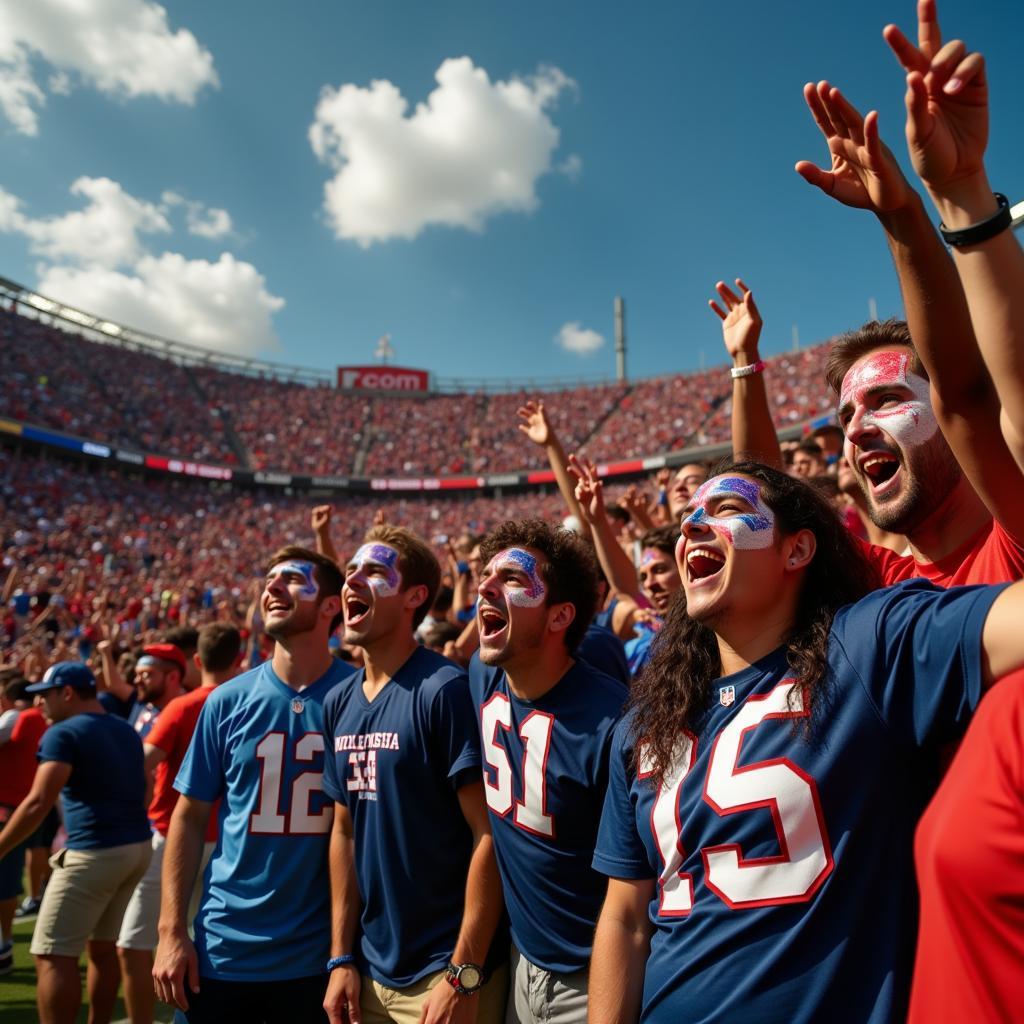 American football fans cheering enthusiastically in a packed stadium