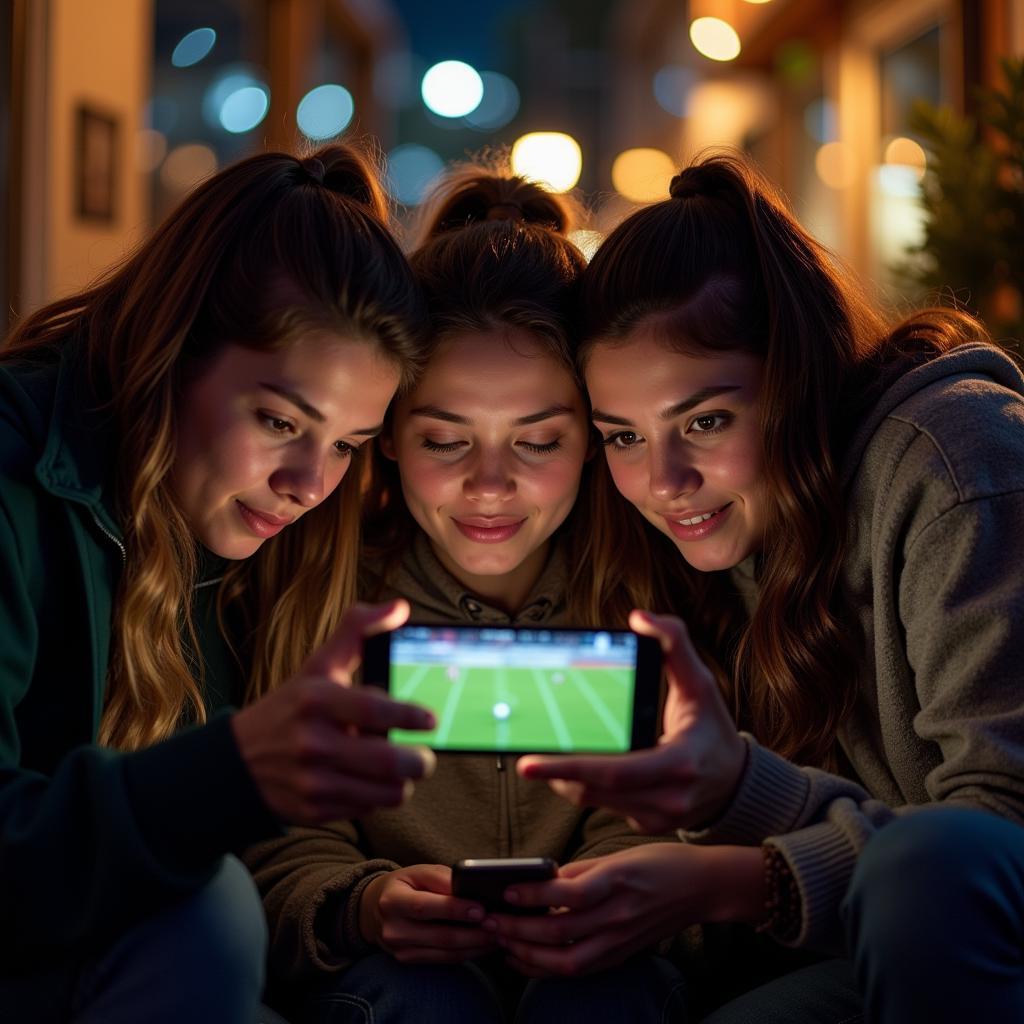 Group of friends fully engrossed in watching an American football game live on a mobile phone