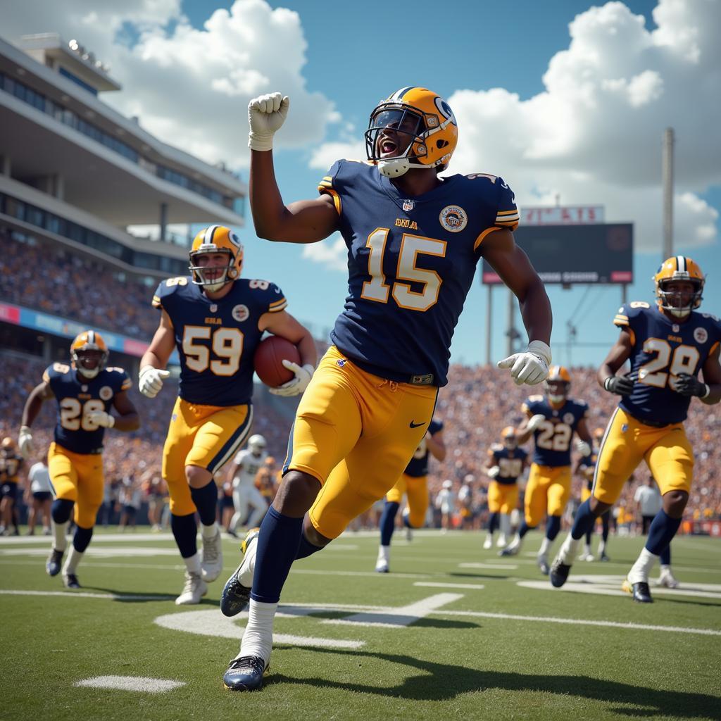 An American football player celebrates scoring a touchdown as his teammates rush to congratulate him