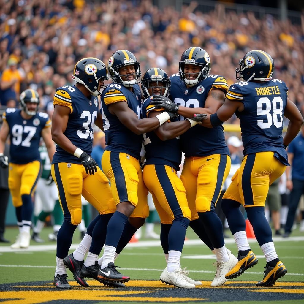 American football players celebrating a touchdown