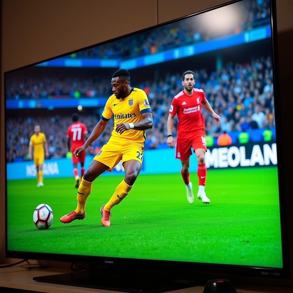 Television screen showing live football match