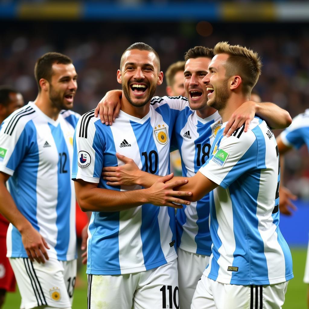 Argentina players celebrating a goal against Russia