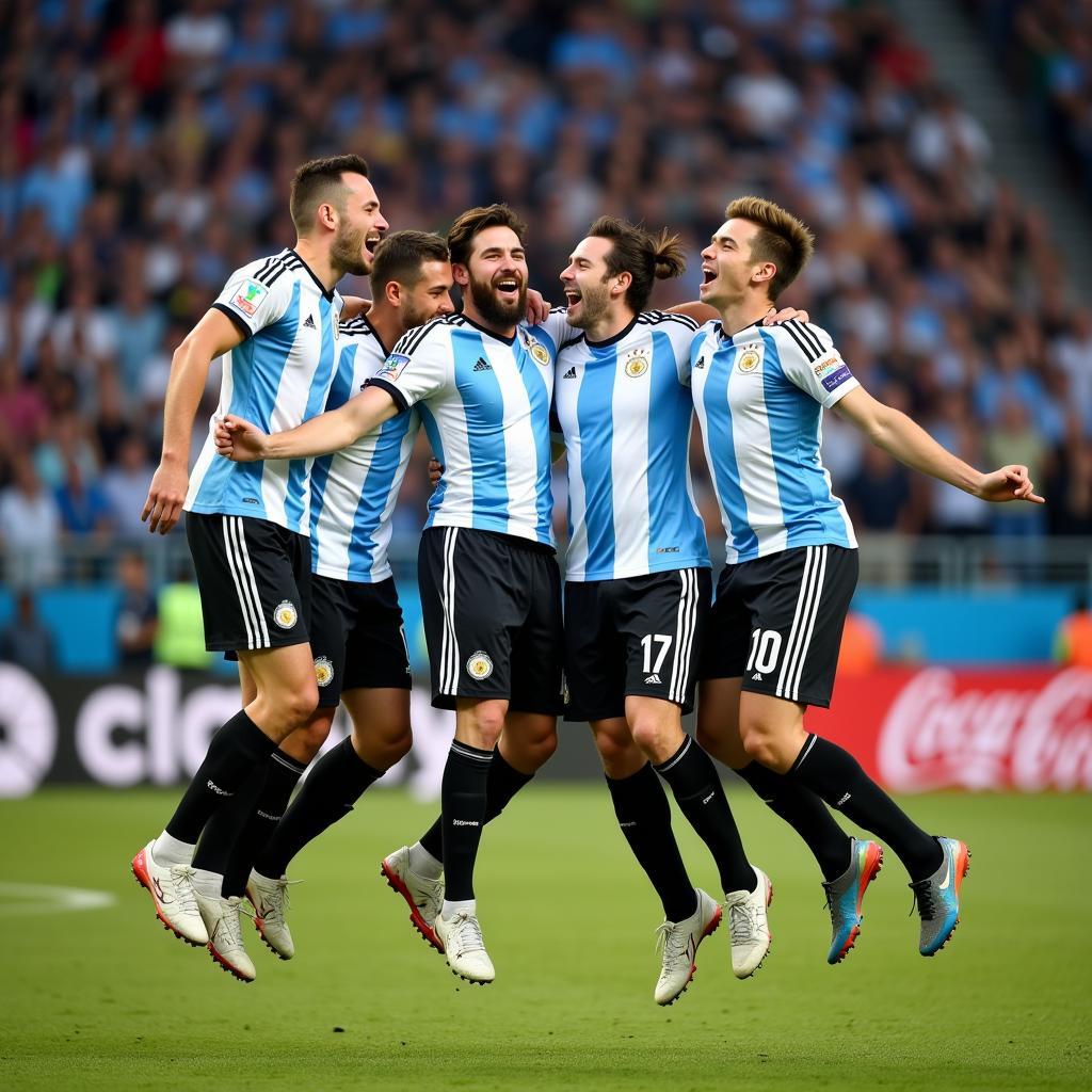 Argentina Football Fans Celebrating: A group of friends jumping with joy after a goal