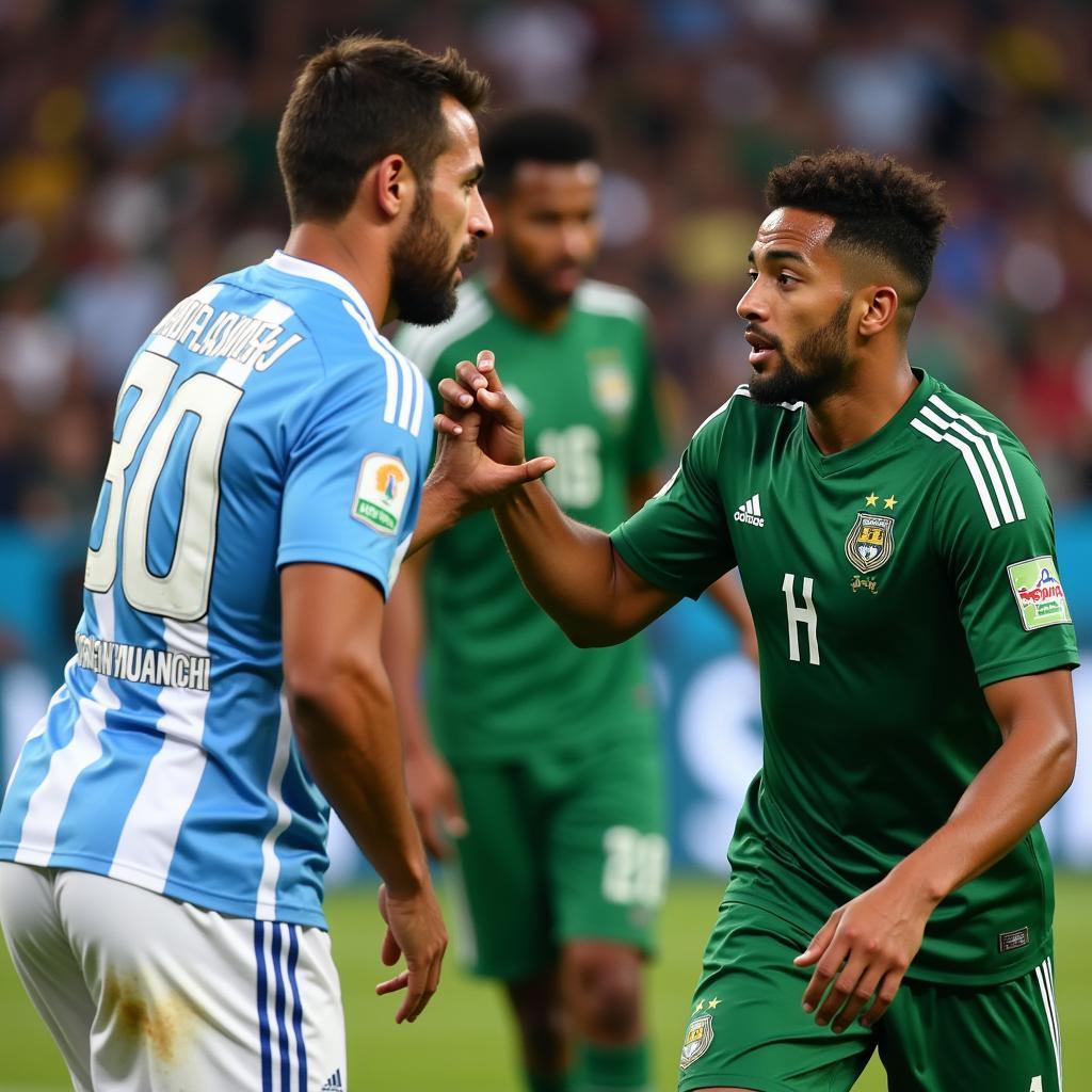 Argentina and Saudi Arabia players face off during a tense moment in the match.