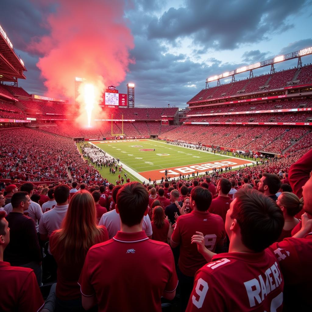 Arkansas Razorbacks fans cheering wildly in the stadium