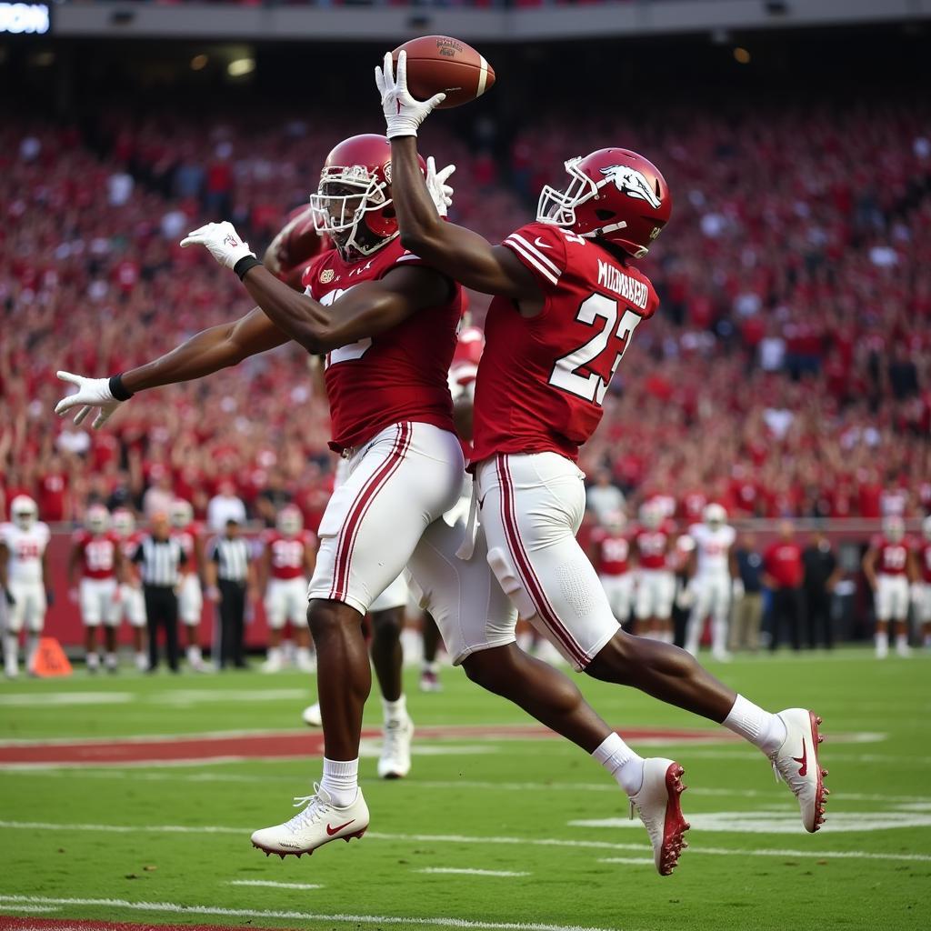 An Arkansas Razorbacks wide receiver makes a leaping catch in a crucial moment of the game