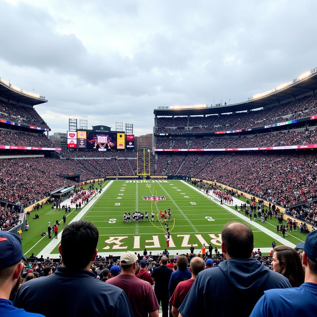 Army and Navy players face off in front of a packed stadium