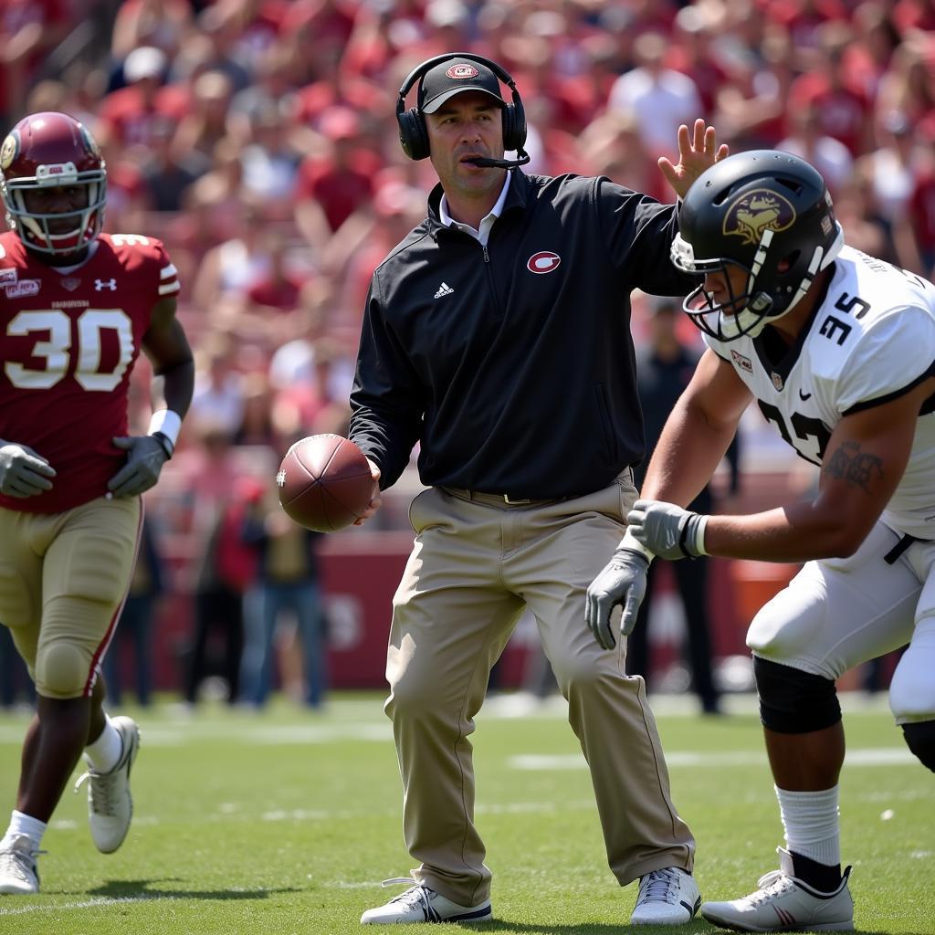 Assistant coach reaching for a live football during a college game