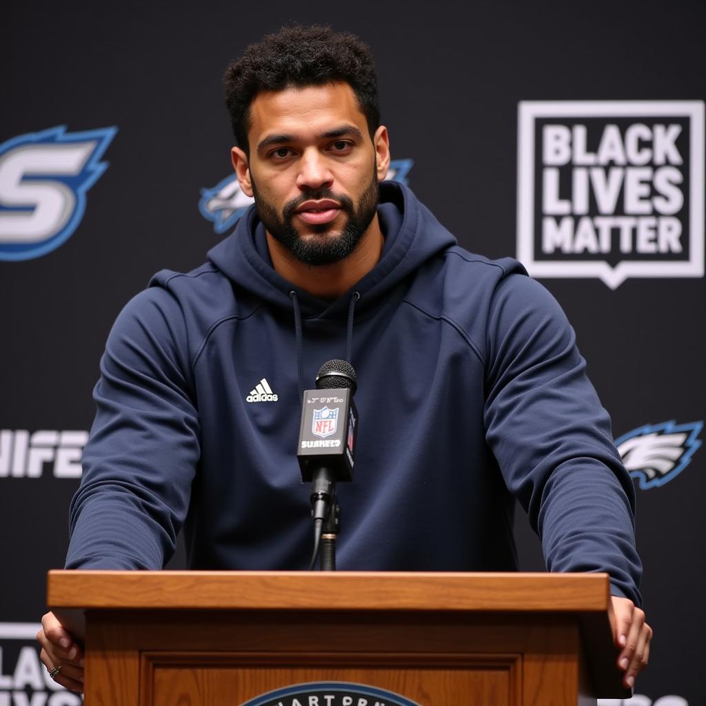 Athlete speaking at a press conference about Black Lives Matter