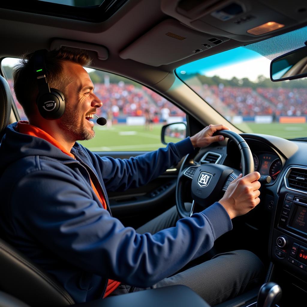 Auburn football fan listening to live radio broadcast in his car