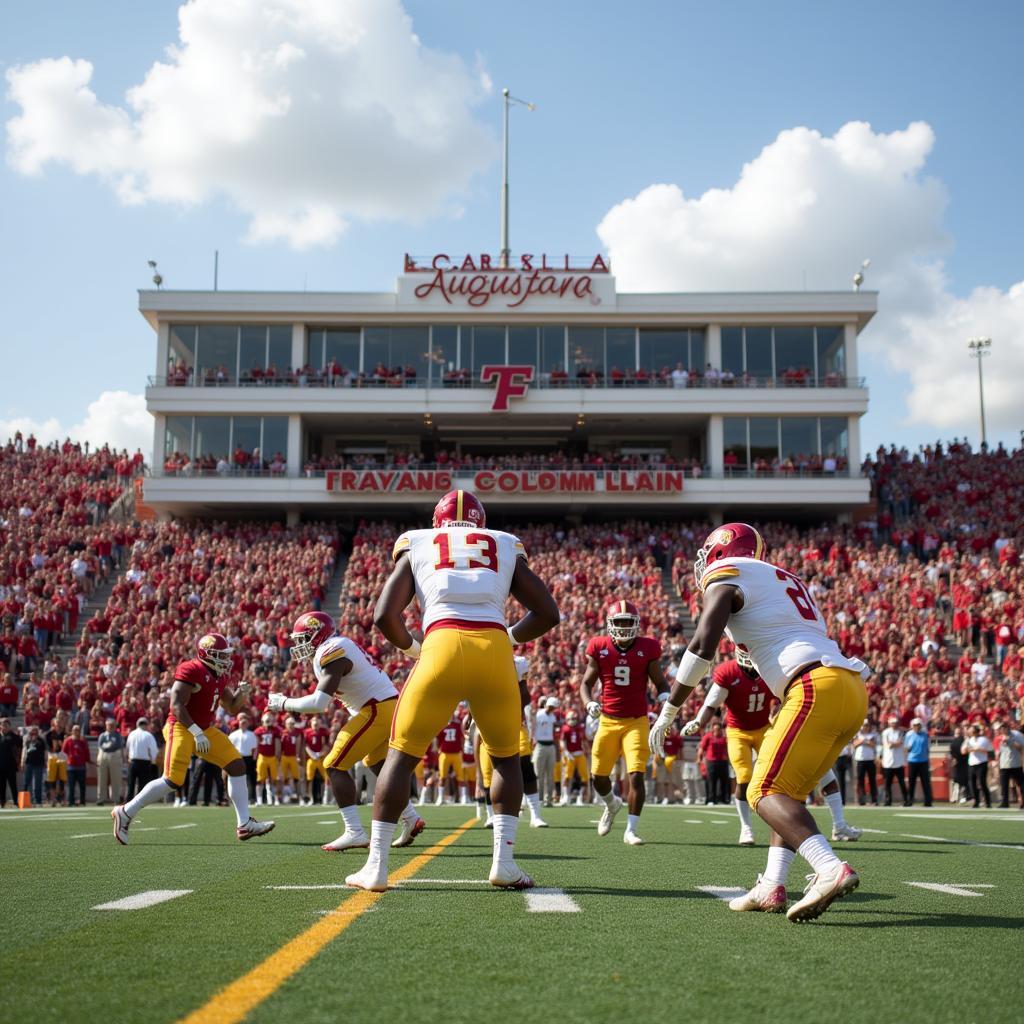 Augustana IL football game in full swing with players battling for possession