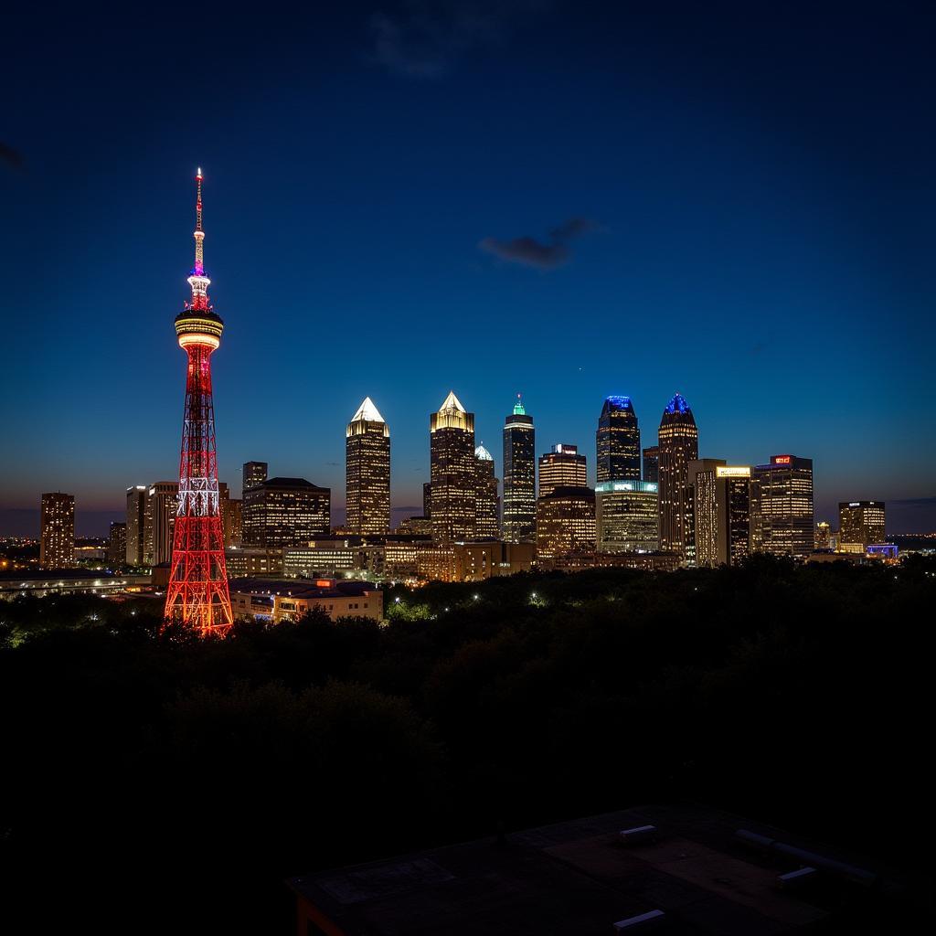 Austin skyline at night with a radio tower in the foreground