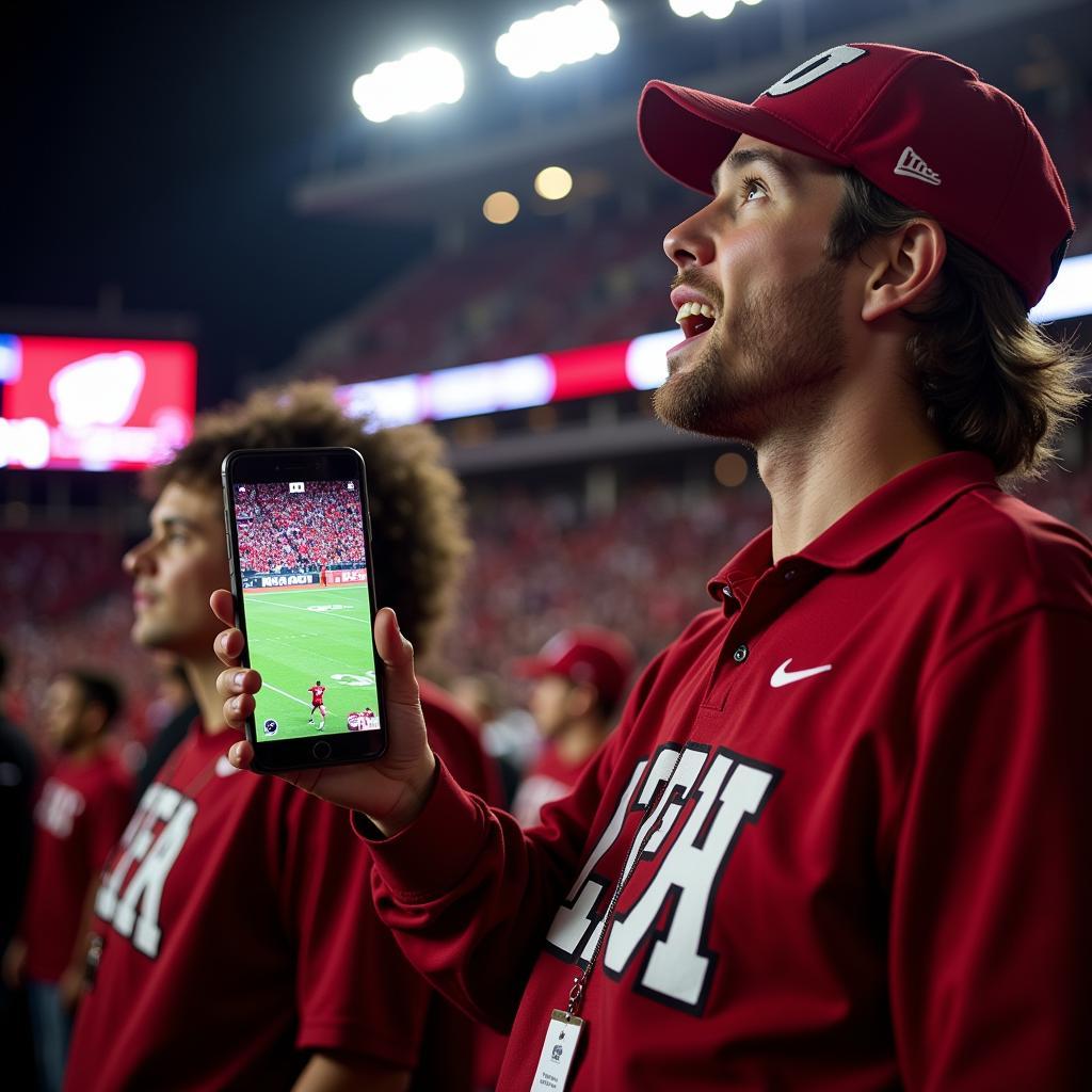 Badger Football Fan Watching Game on Phone