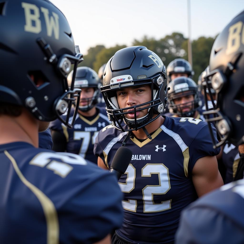 Baldwin-Woodville Football Team Huddling during a Live Streamed Game