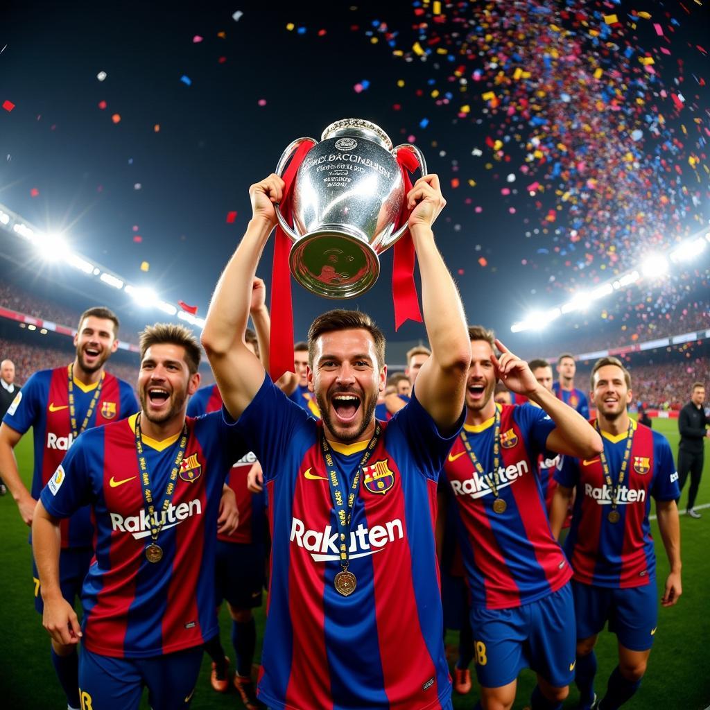 Barcelona players celebrating with the Champions League trophy after defeating Juventus in the 2015 final