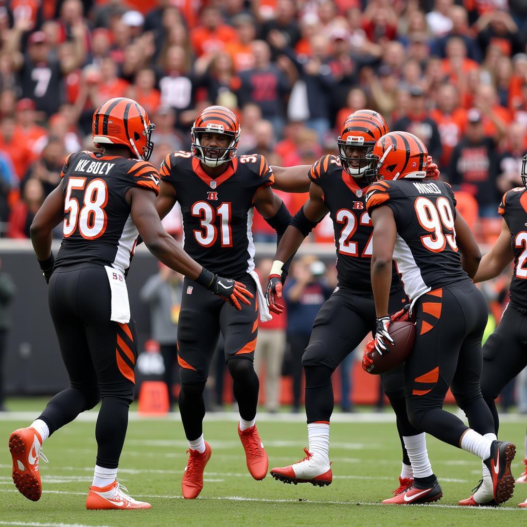 Bengals players celebrating a touchdown with fans in the background