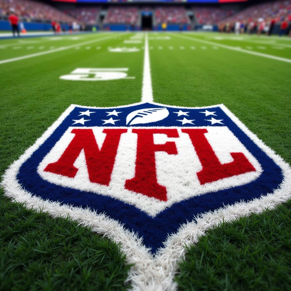 Logo NFL trên sân cỏ trong một trận đấu.