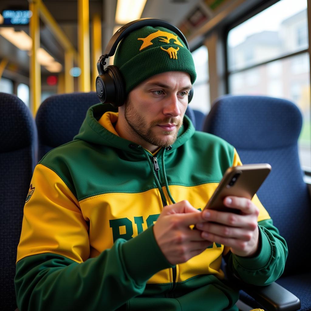 Bison Football Fan Listening on Phone