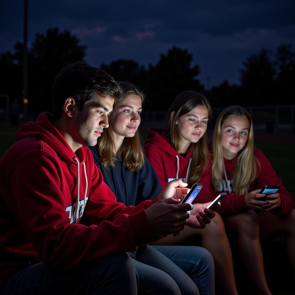 Bixby Spartan fans cheering while watching a live stream on their phones