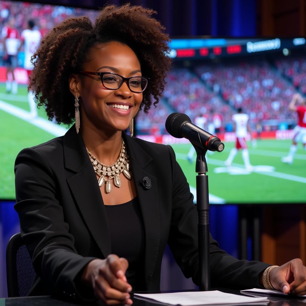 Black female sports journalist on set