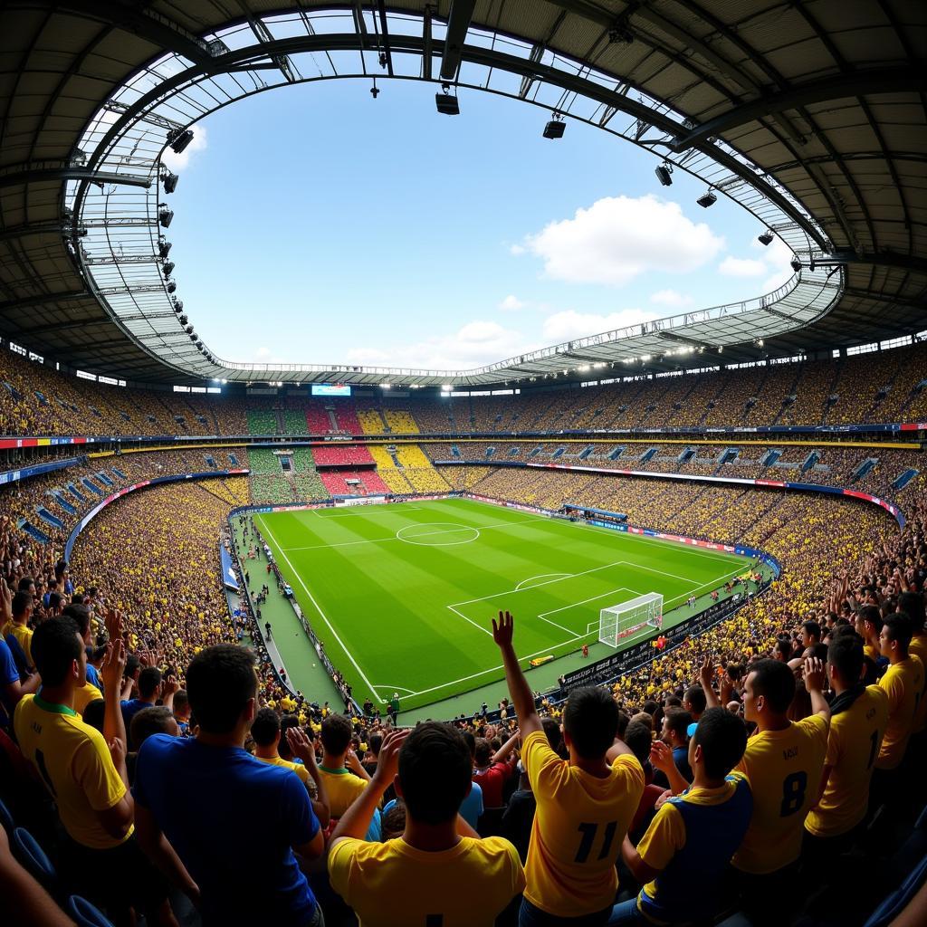 Fans of Brazil and Germany celebrating a goal with flags and banners