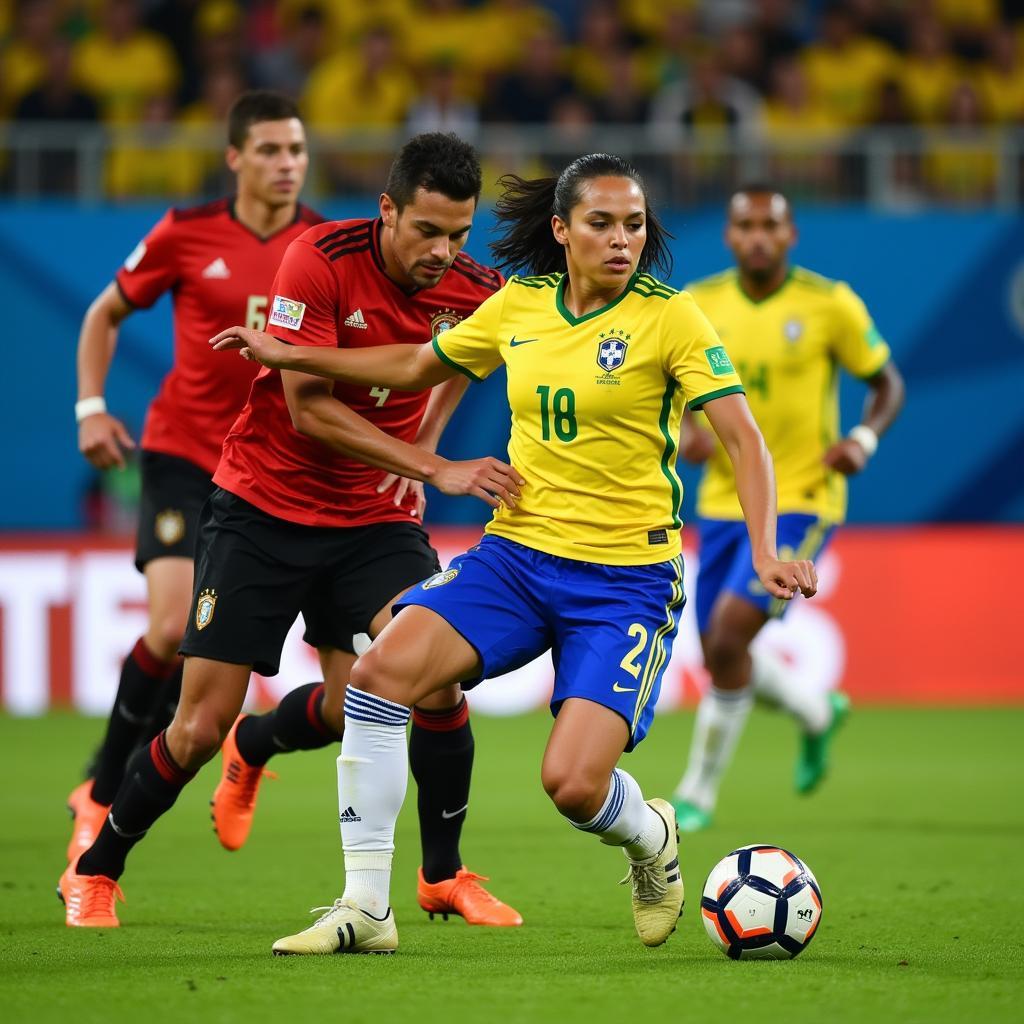 Brazil and Germany players competing intensely for the ball