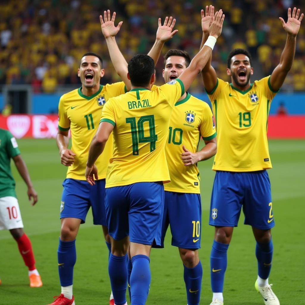 Brazilian players celebrating a goal against Mexico