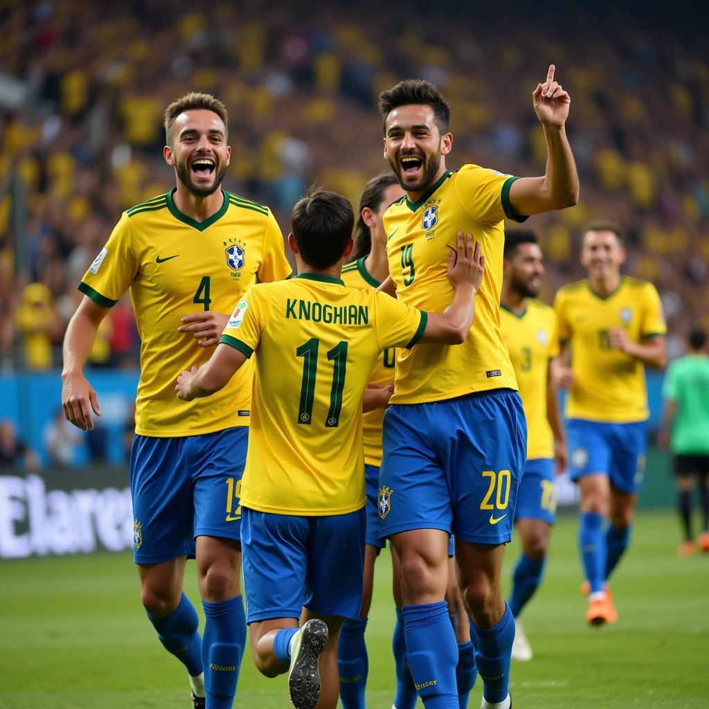 Brazilian Série A players celebrating a goal with their teammates