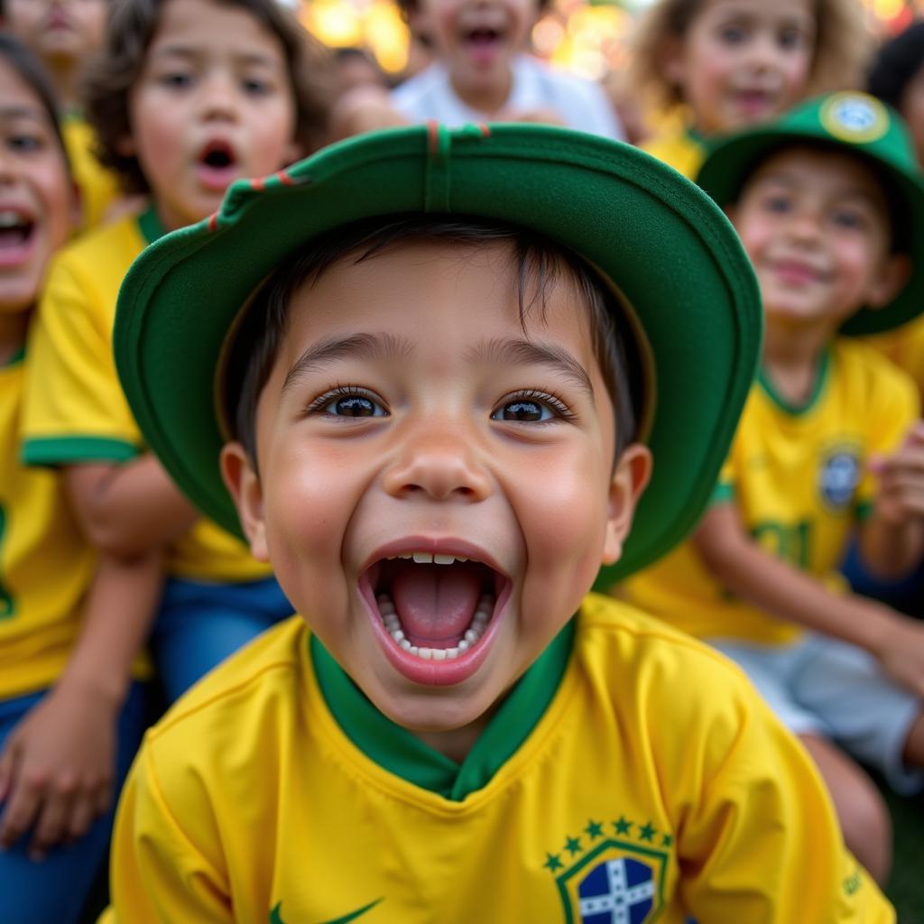 A young fan cheering passionately for his favorite Brazilian Série A team