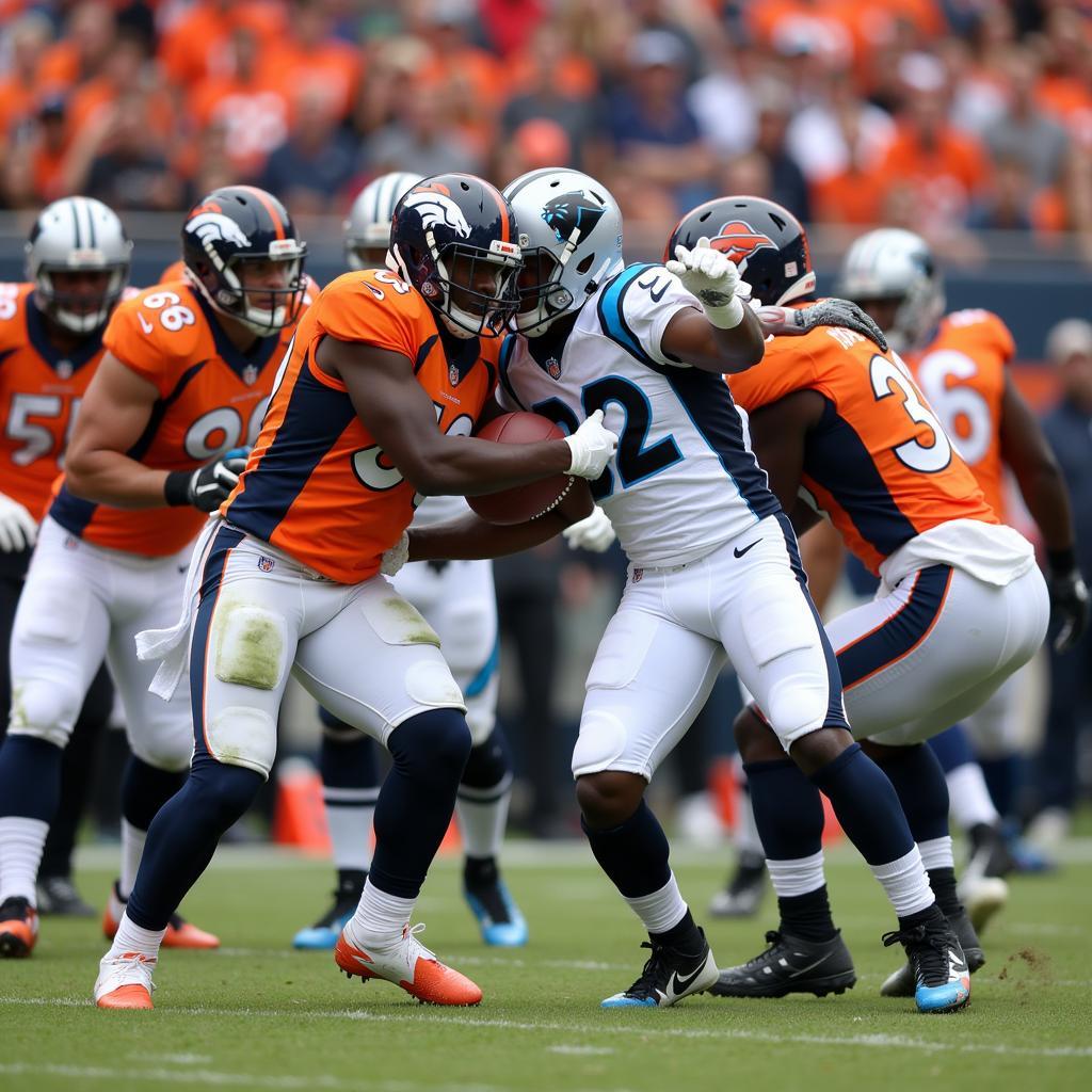 Broncos and Panthers players clash during Super Bowl 50