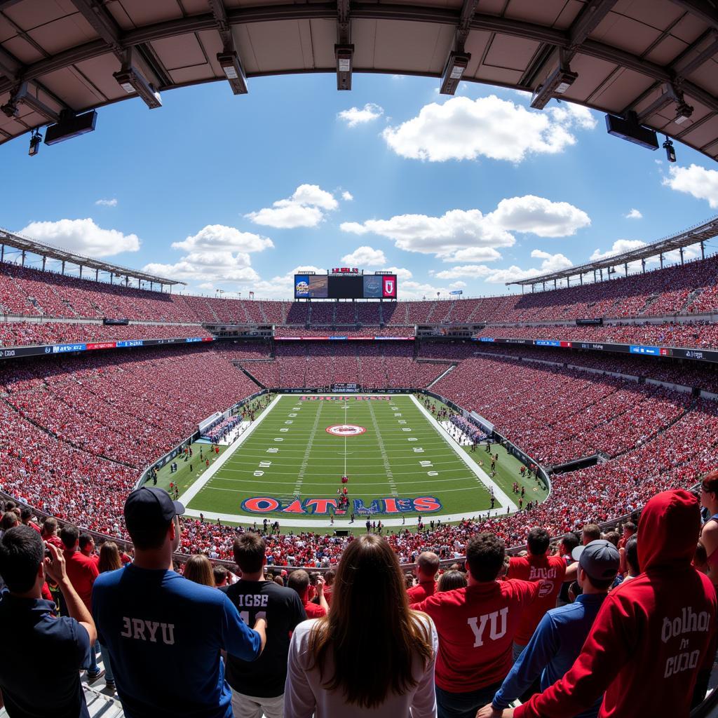 A sea of fans in BYU and Utah colors fills the stadium for a Holy War game.