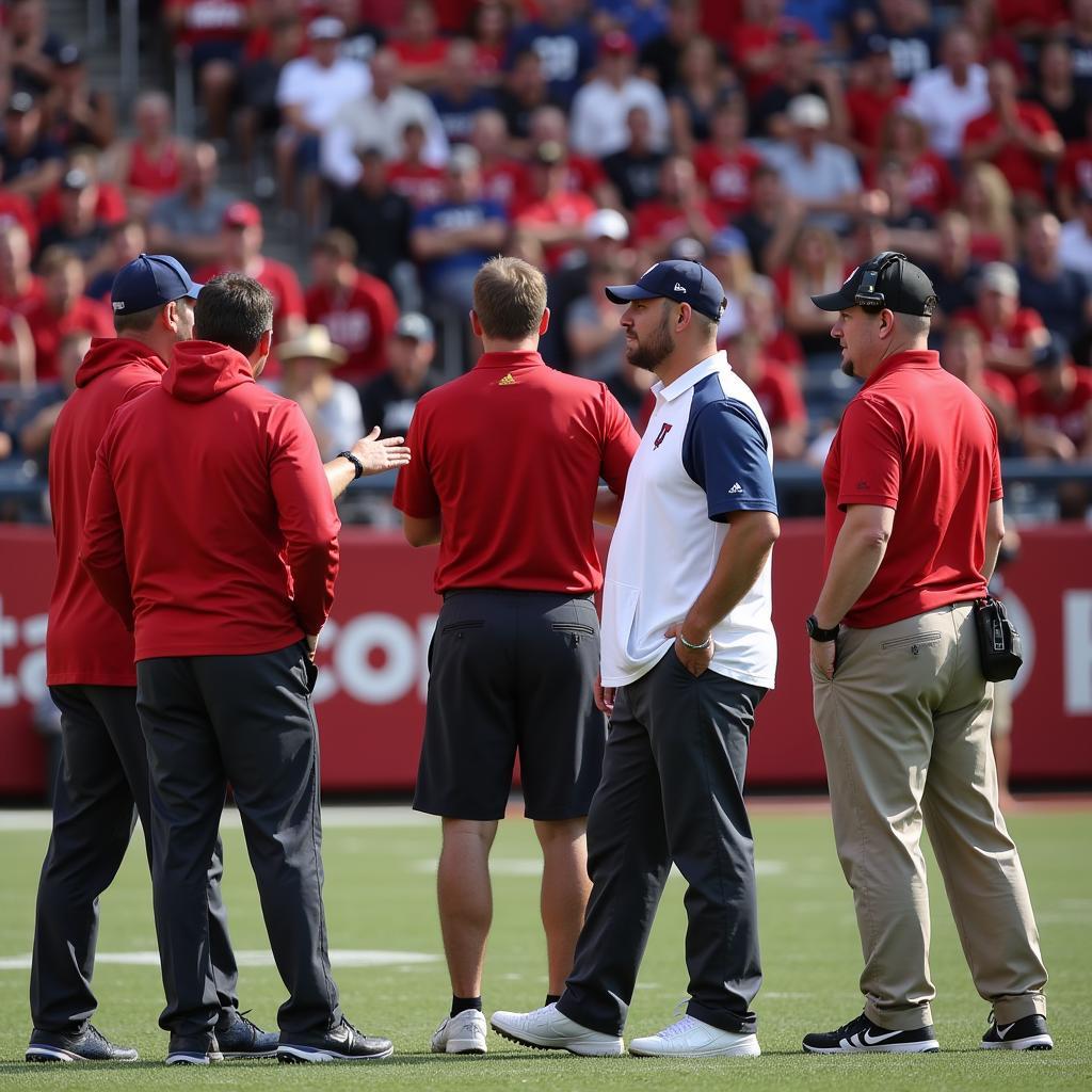 Coaches from BYU and Utah discussing strategy during halftime