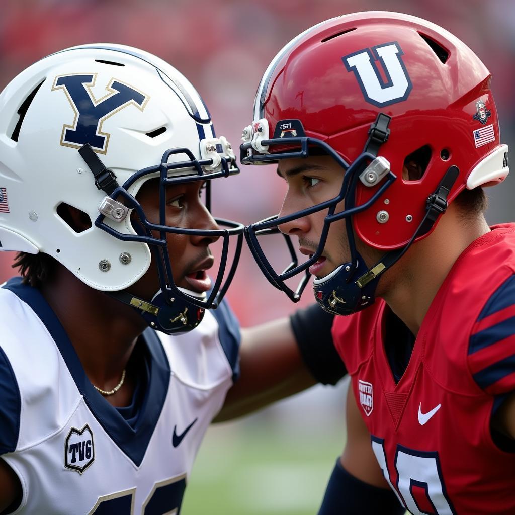 BYU and Utah players face off in a heated moment during a past Holy War game.