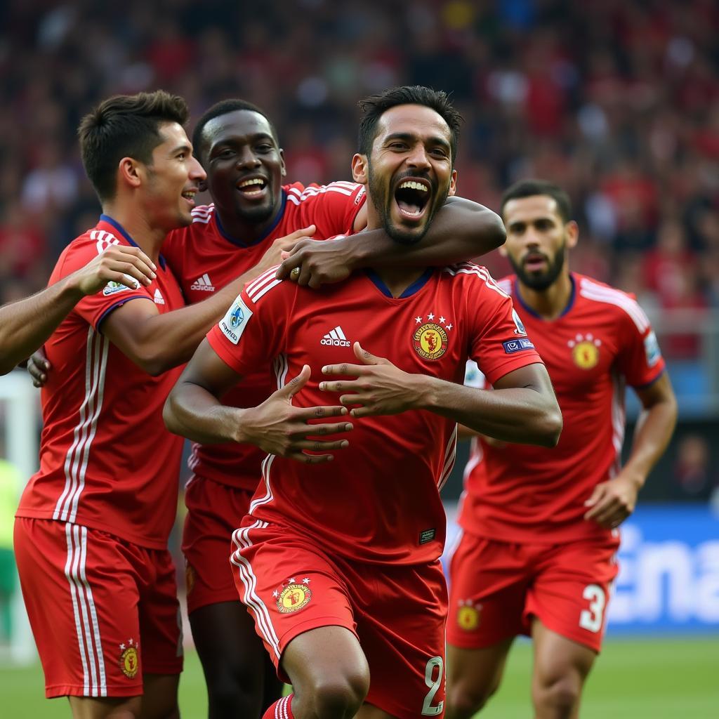 East Bengal's Antonio Dovale celebrates a goal with teammates during CFL 2019