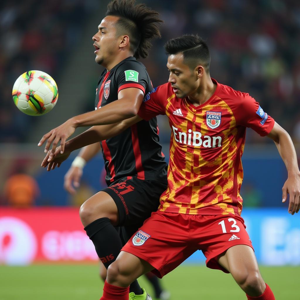 Mohun Bagan and East Bengal players contest a header during a heated CFL 2019 derby