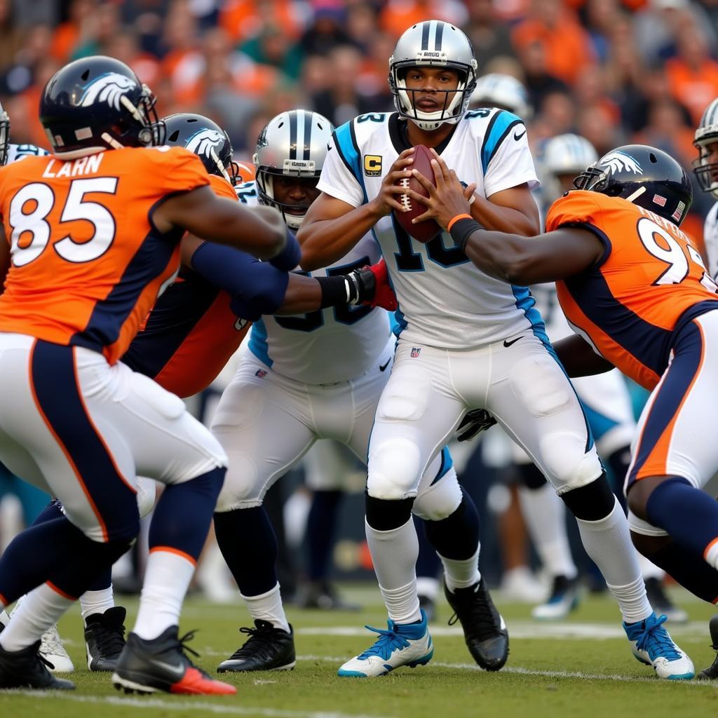 Cam Newton pressured by Broncos defense in Super Bowl 50