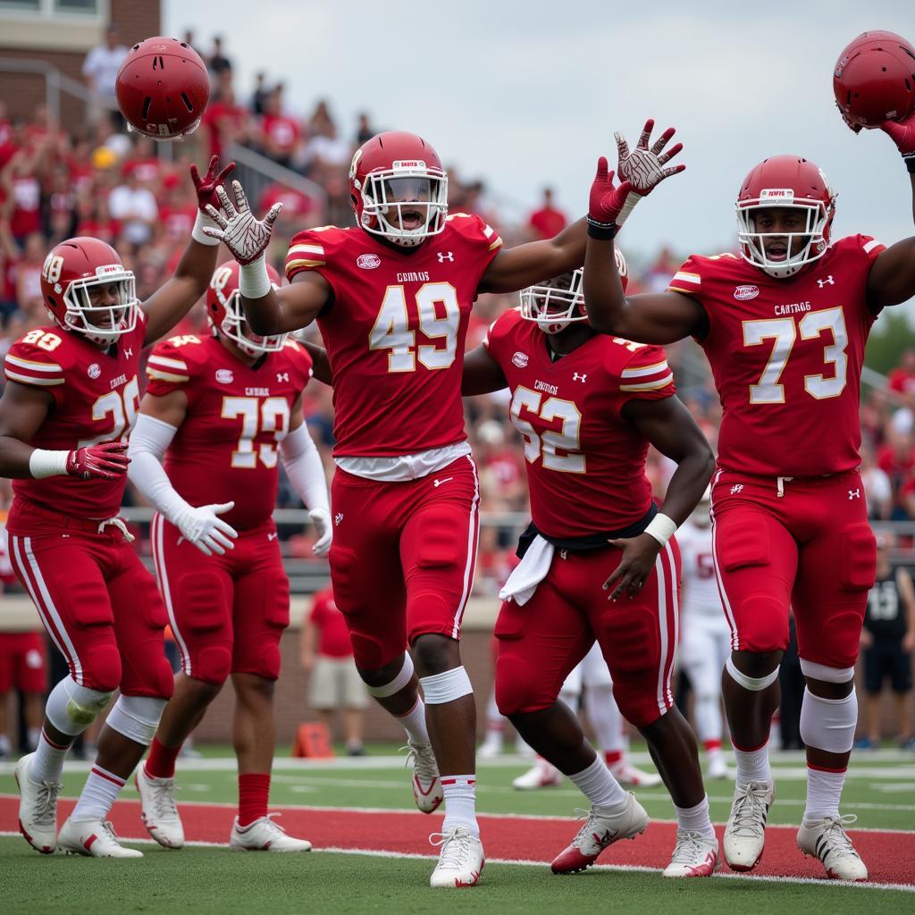 Carthage College football players celebrating a touchdown