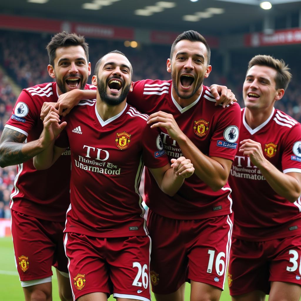 Football players celebrating a live goal