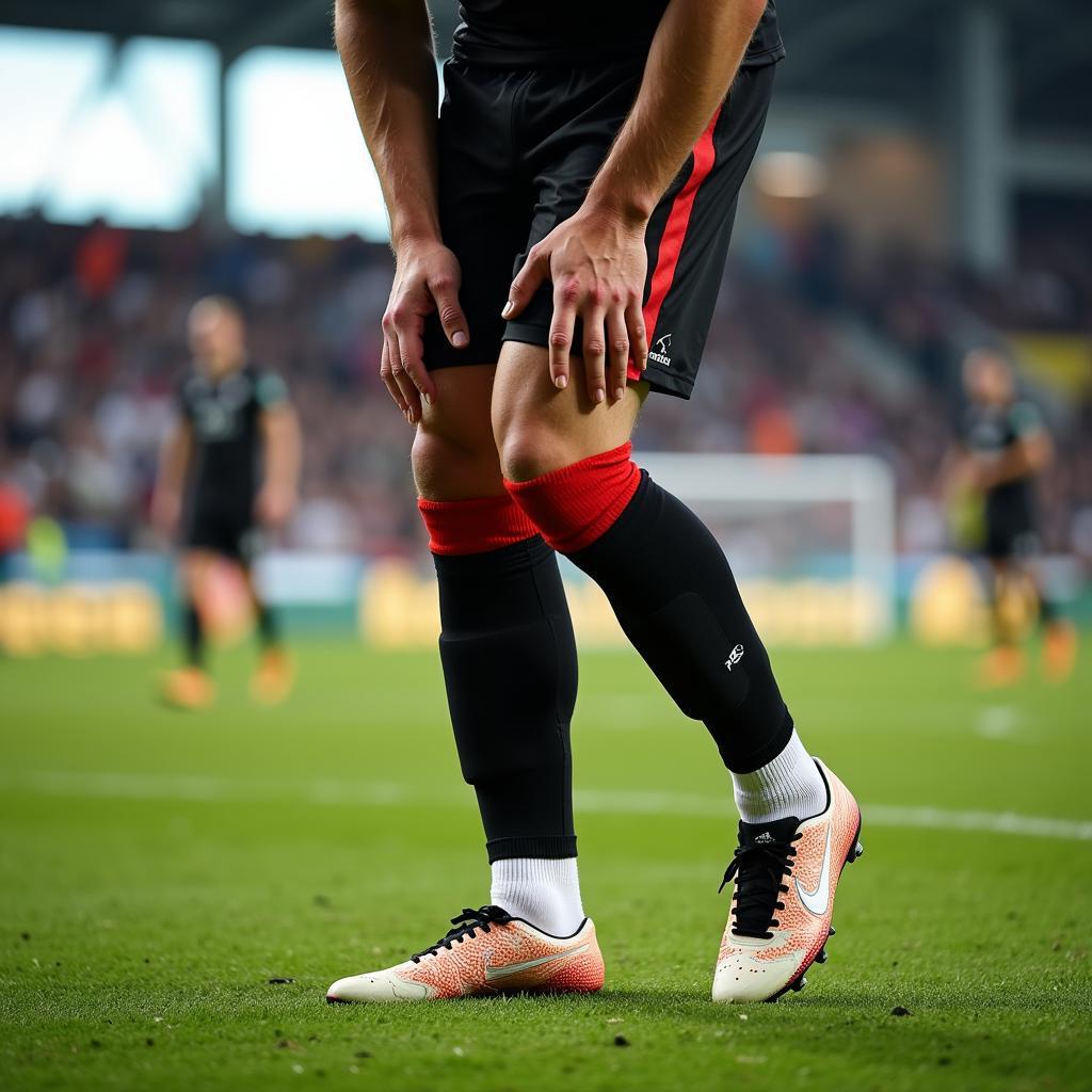 Footballer adjusting his equipment on the field