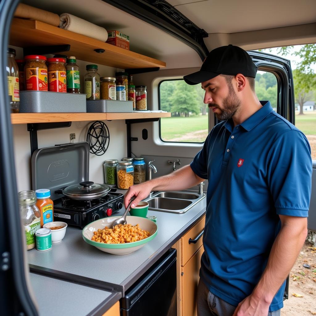 Football player preparing a meal inside his van