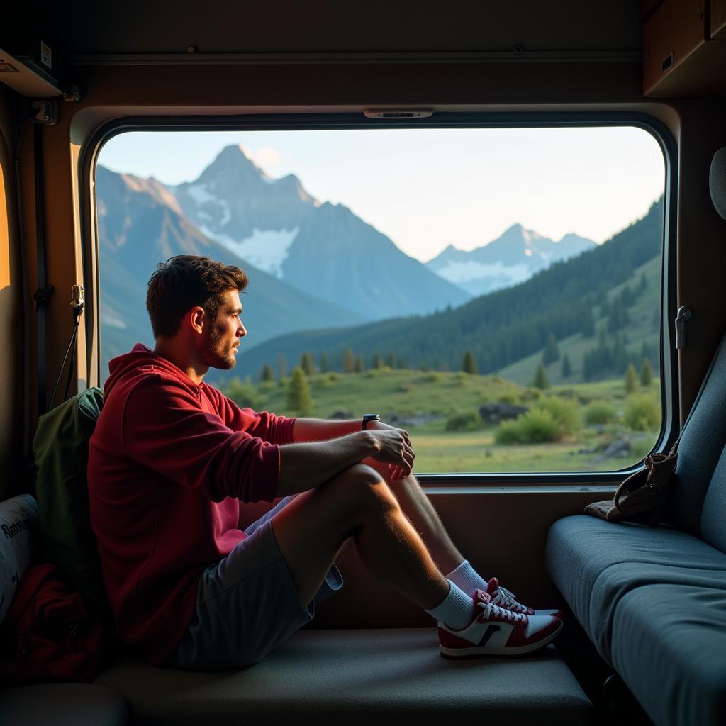 Football player enjoying the view from his van window