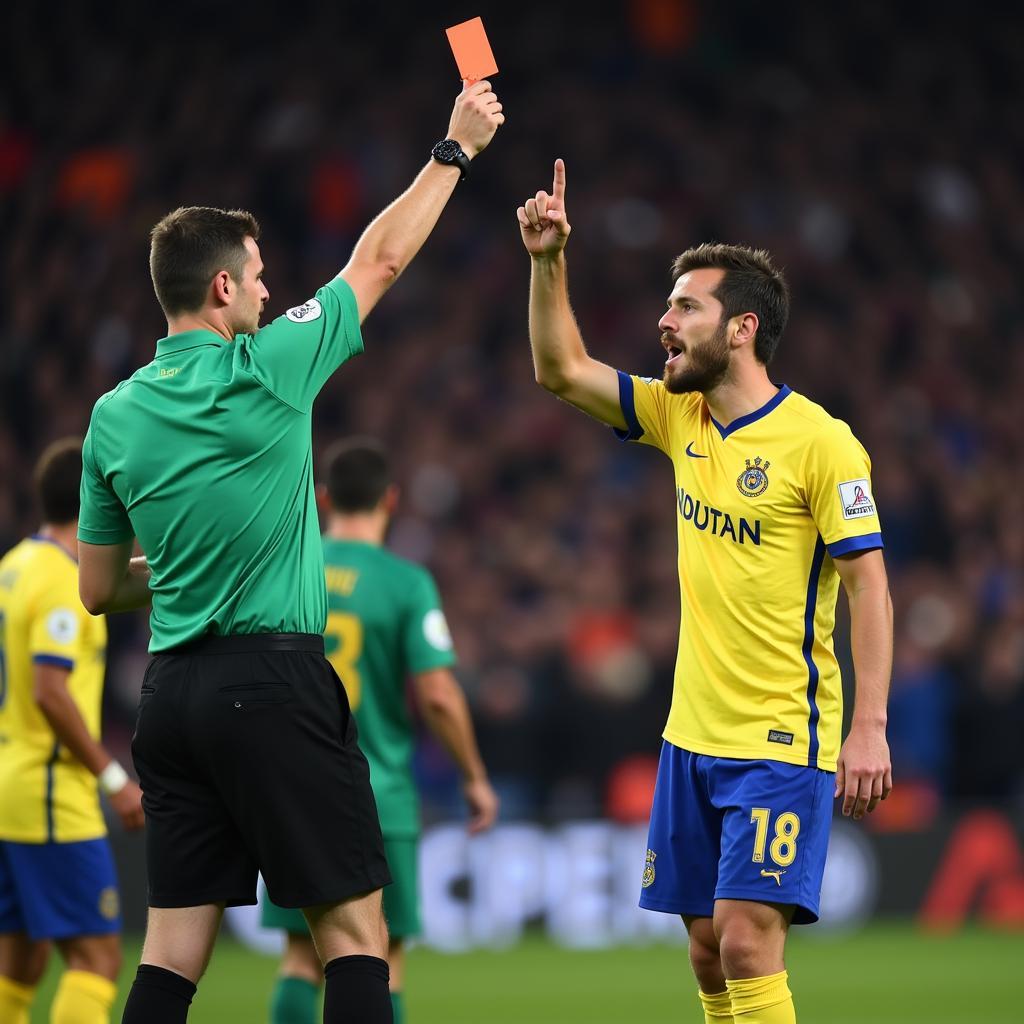 Footballer receiving a yellow card from the referee