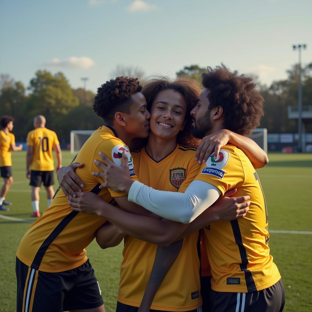 Football players embracing in unity